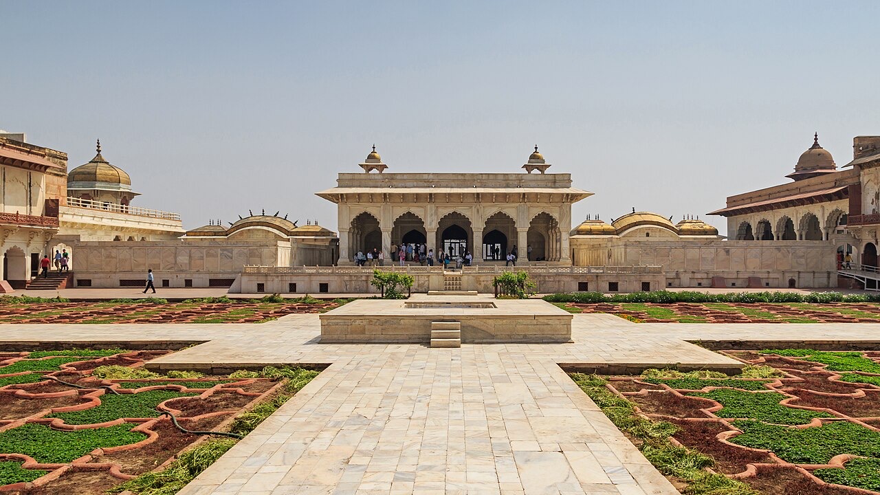 A marble pavilion and garden inside Agra Fort