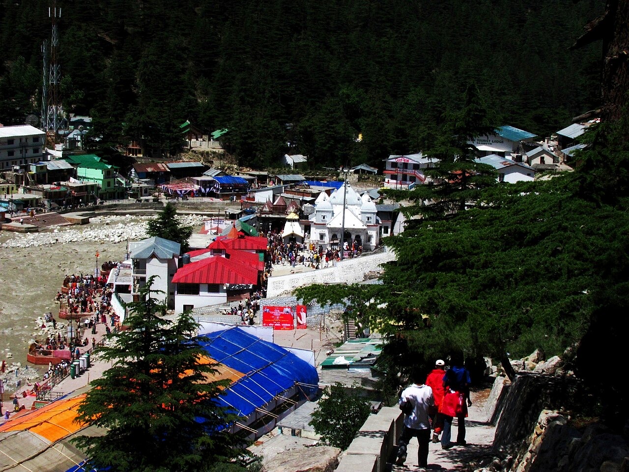 Gangotri temple and town on the banks of the Bhagirathi river