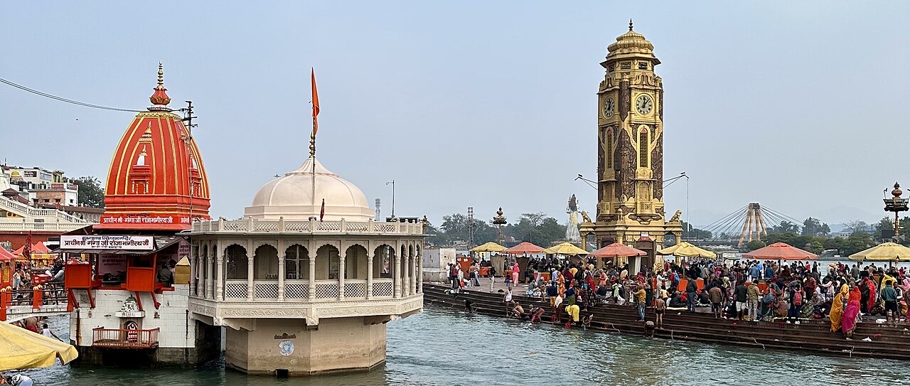 Har Ki Pauri ghat and the clock tower in Haridwar beside the Ganga