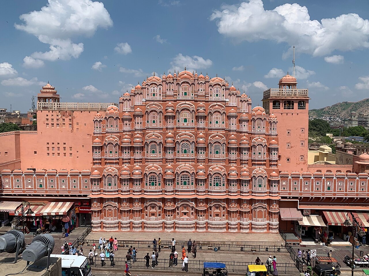 The pink sandstone facade of Hawa Mahal in Jaipur