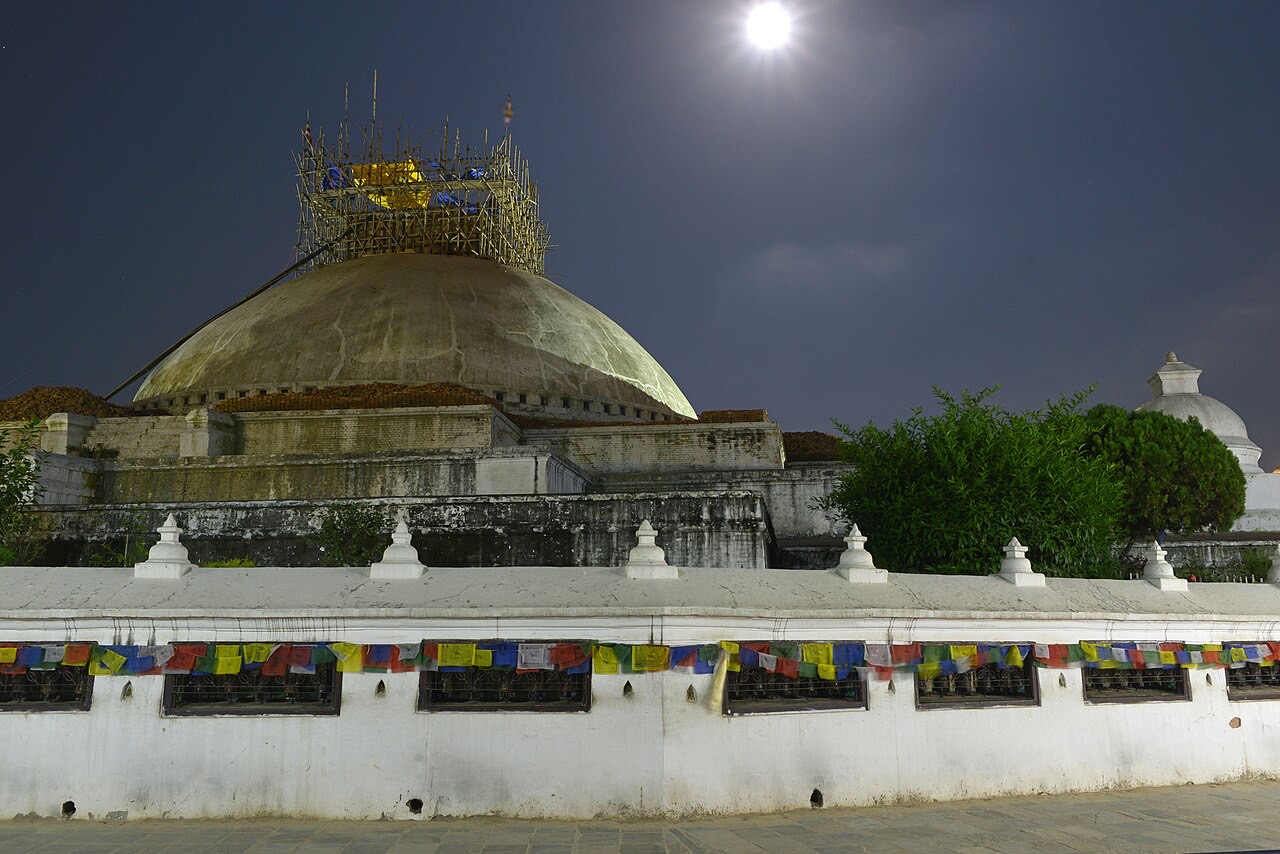 Boudhanath stupa in Kathmandu under a full moon