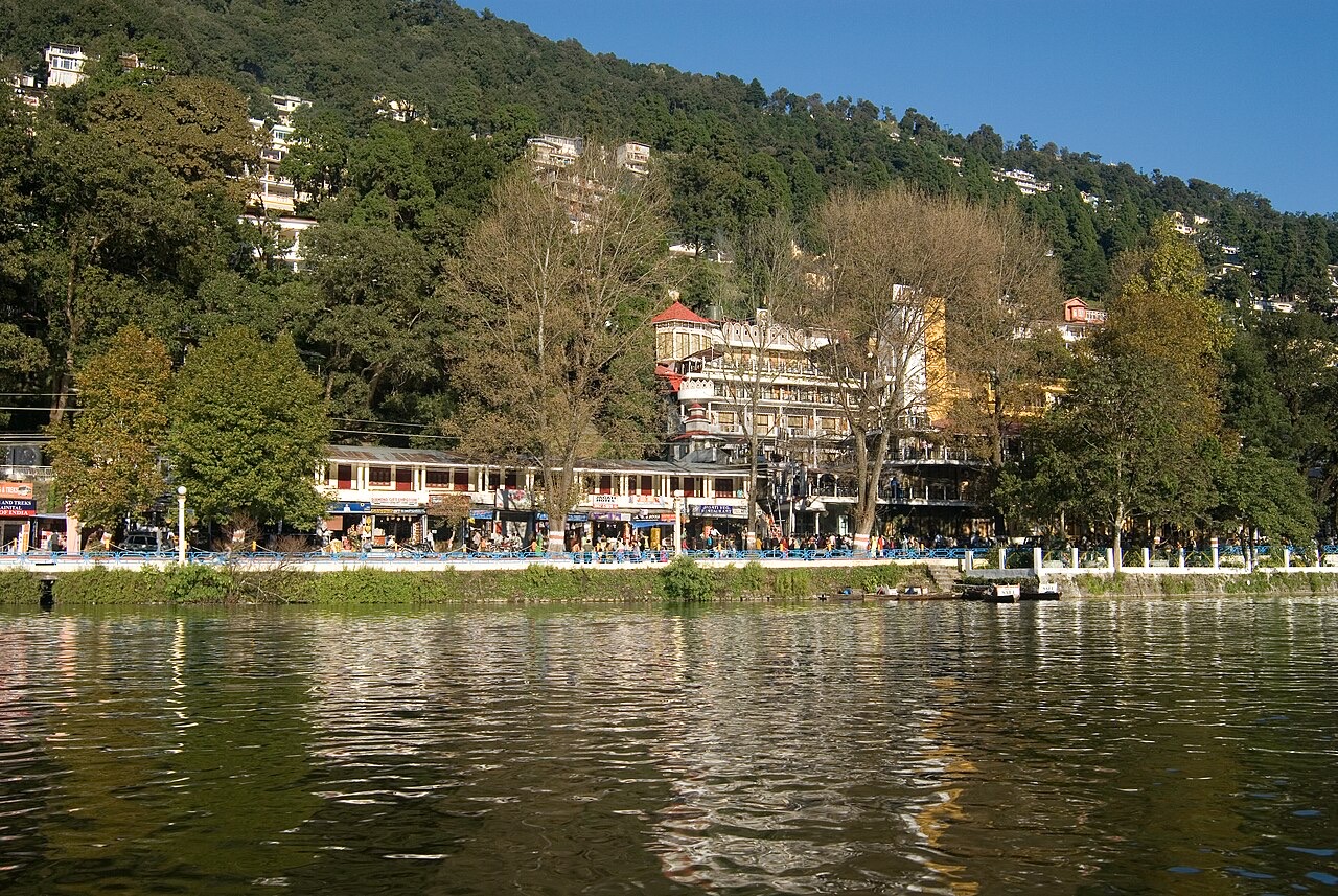 Mall Road in Nainital running along the lakeside under wooded hills