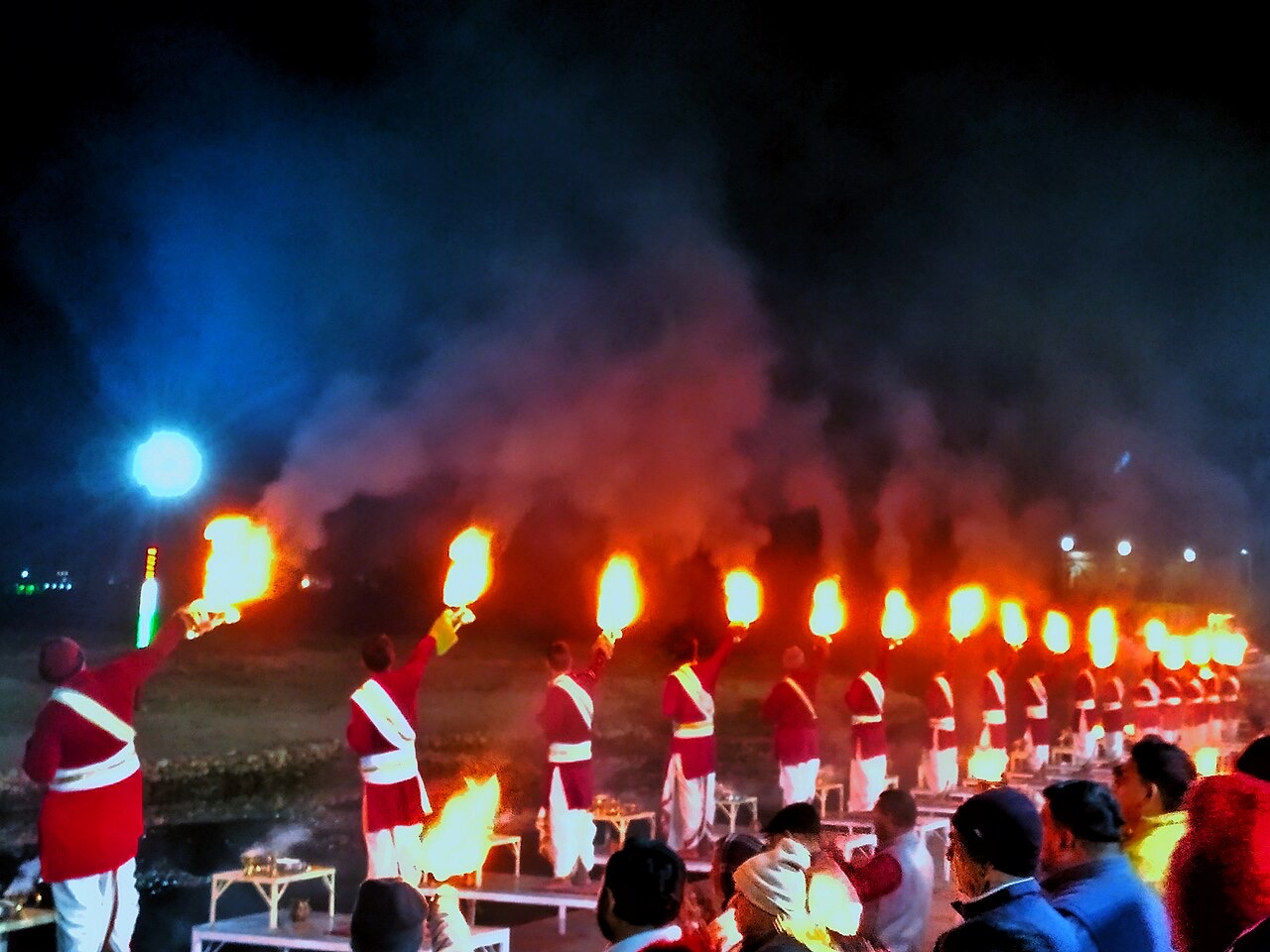 Evening Ganga Aarti with lamps at Triveni Ghat in Rishikesh