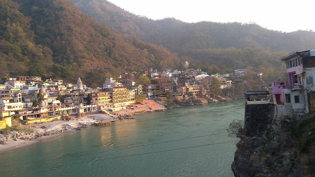 Temples and ghats along the Ganga at Laxman Jhula in Rishikesh